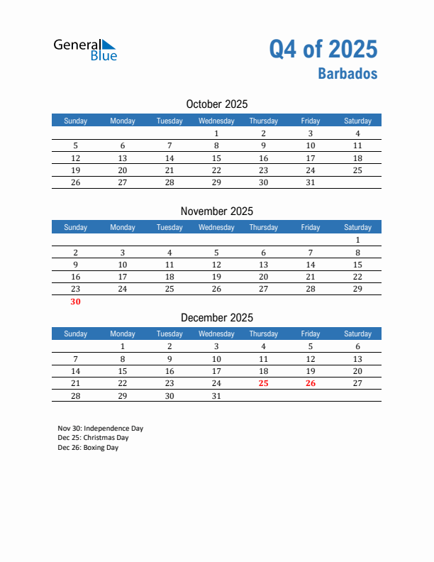 Barbados Q4 2025 Quarterly Calendar with Sunday Start