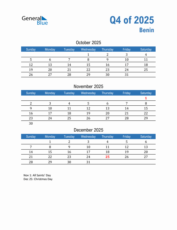 Benin Q4 2025 Quarterly Calendar with Sunday Start