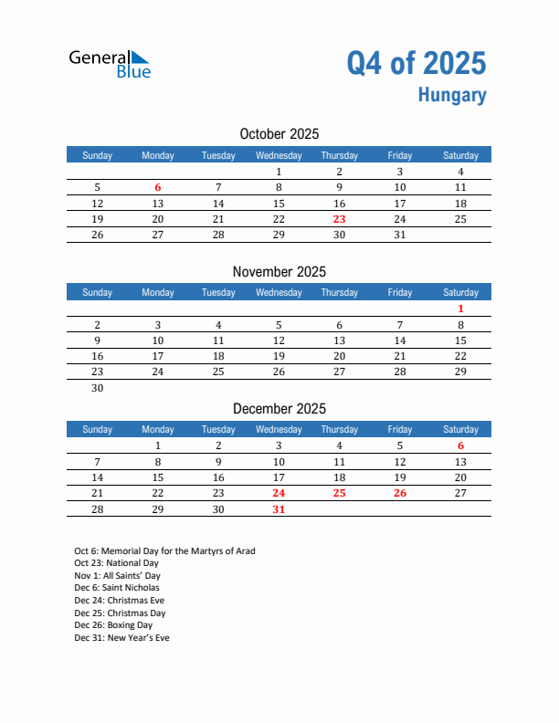 Hungary Q4 2025 Quarterly Calendar with Sunday Start