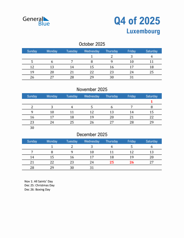 Luxembourg Q4 2025 Quarterly Calendar with Sunday Start