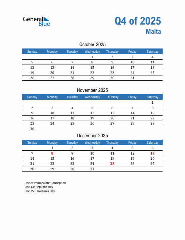 Malta Q4 2025 Quarterly Calendar with Sunday Start