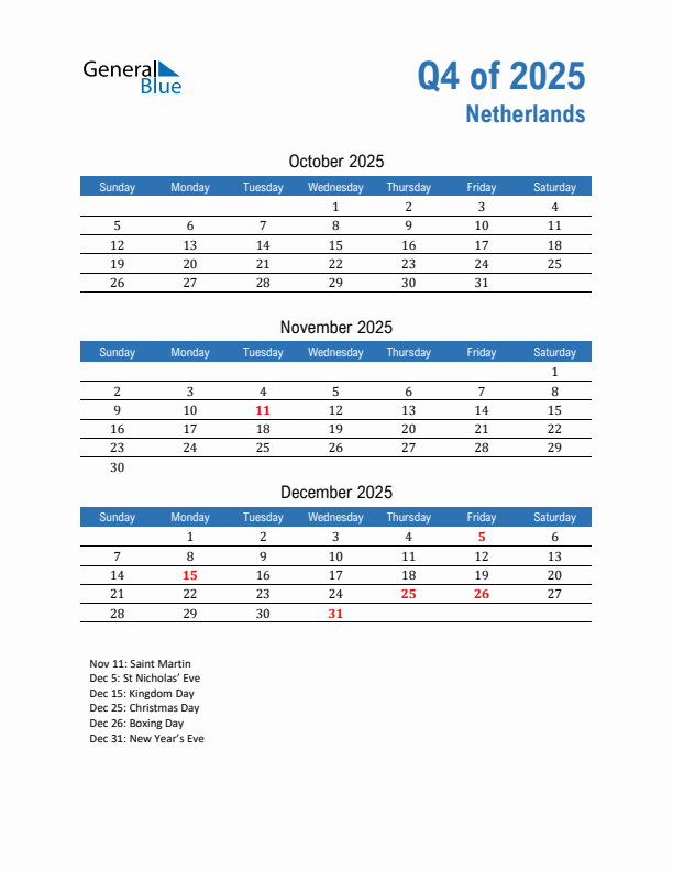 The Netherlands Q4 2025 Quarterly Calendar with Sunday Start