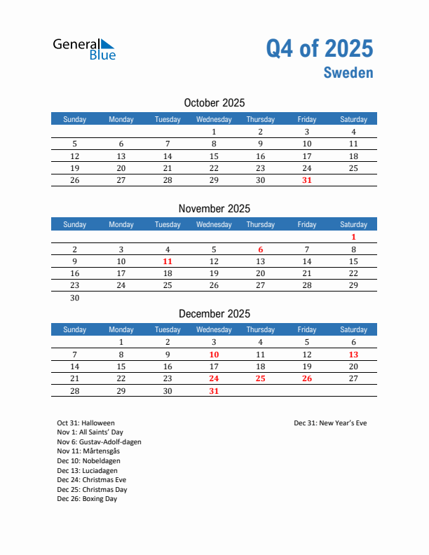 Sweden Q4 2025 Quarterly Calendar with Sunday Start