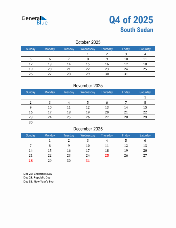 South Sudan Q4 2025 Quarterly Calendar with Sunday Start