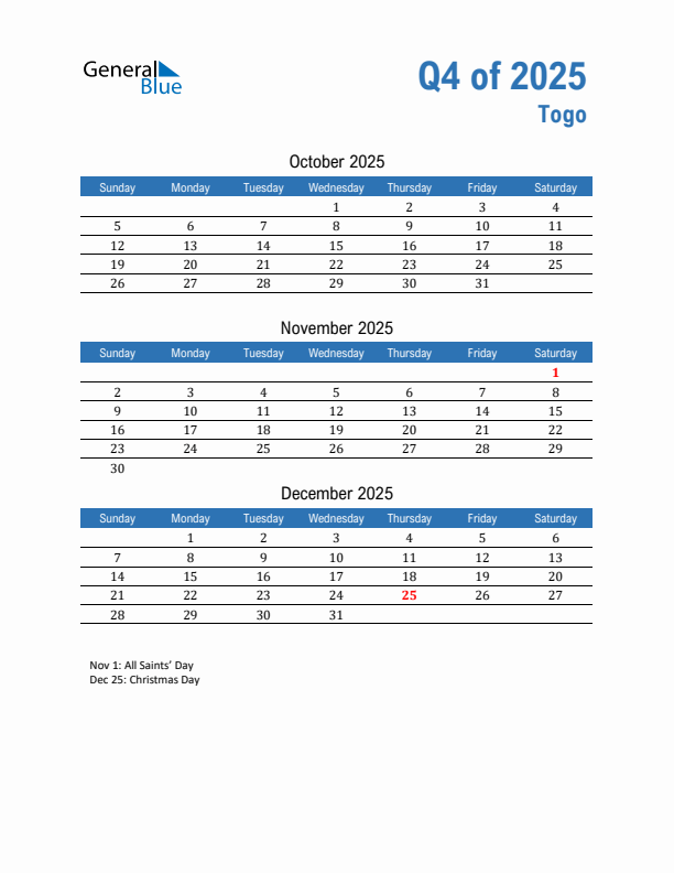 Togo Q4 2025 Quarterly Calendar with Sunday Start