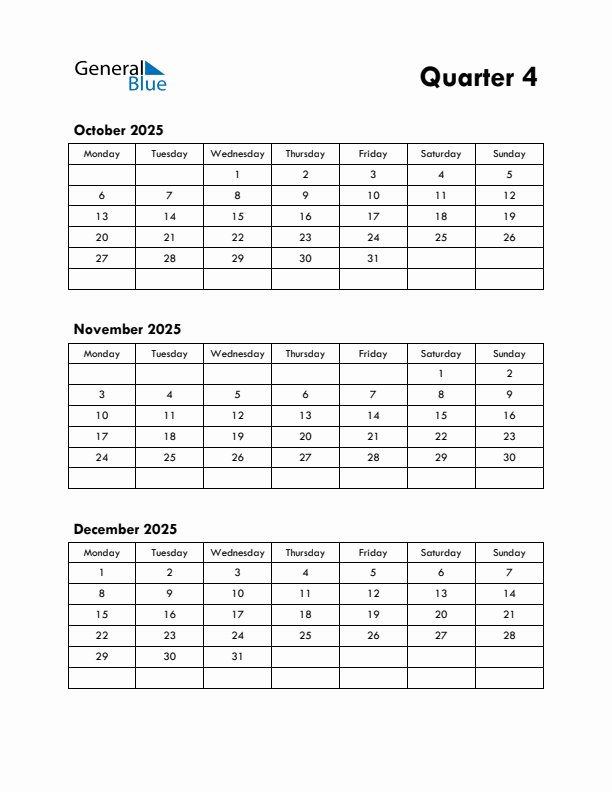 Quarter 4 2025 Calendar - Monday Start