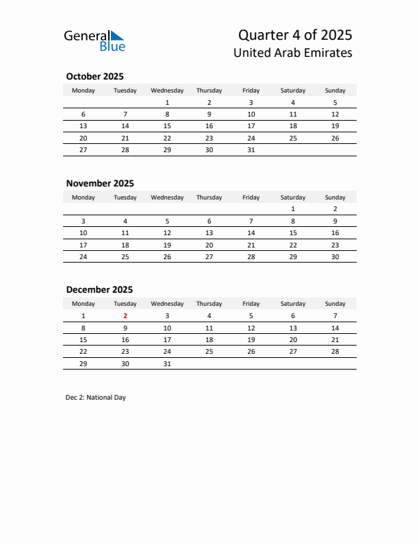 2025 Q4 Three-Month Calendar for United Arab Emirates