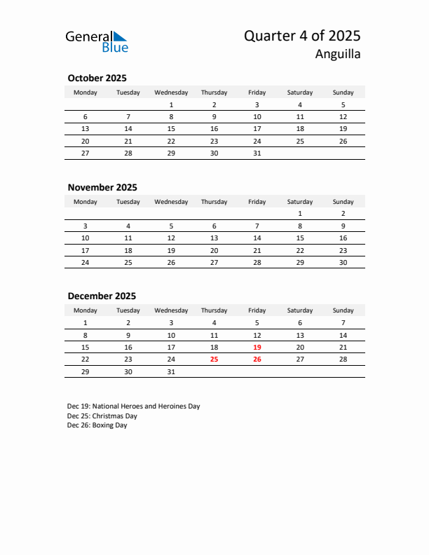 2025 Q4 Three-Month Calendar for Anguilla