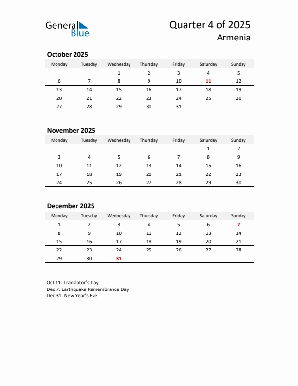 2025 Q4 Three-Month Calendar for Armenia