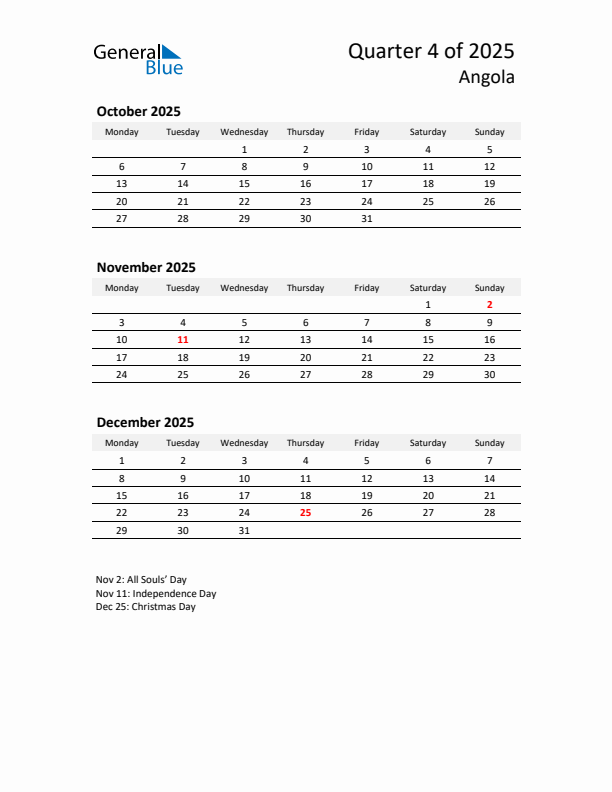 2025 Q4 Three-Month Calendar for Angola