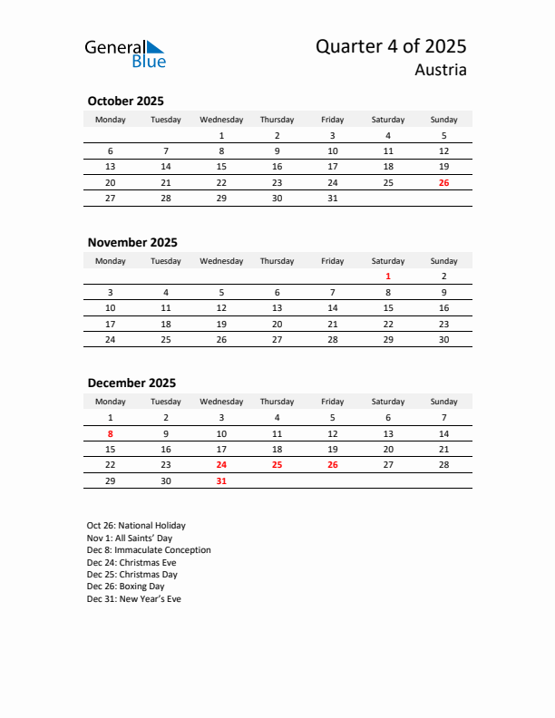 2025 Q4 Three-Month Calendar for Austria