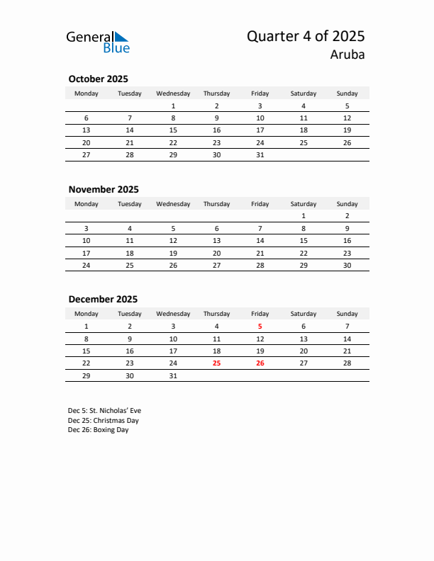 2025 Q4 Three-Month Calendar for Aruba