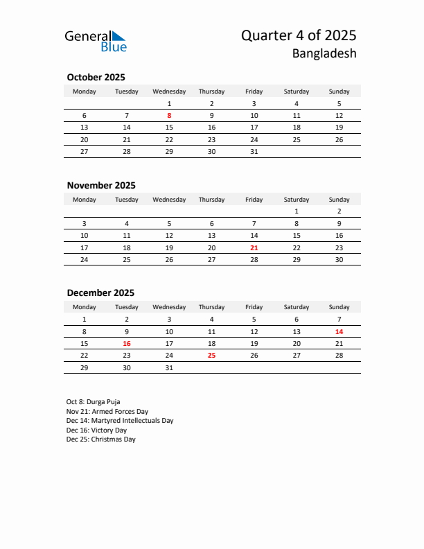 2025 Q4 Three-Month Calendar for Bangladesh