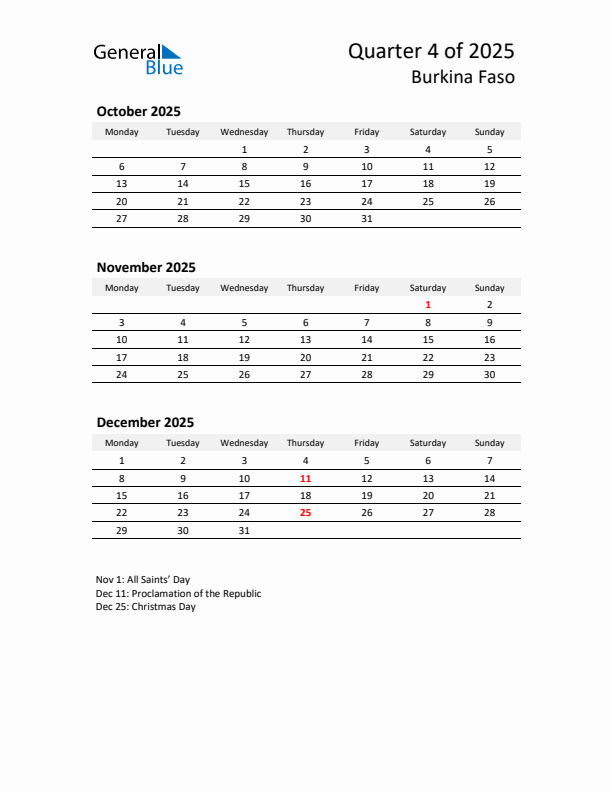 2025 Q4 Three-Month Calendar for Burkina Faso