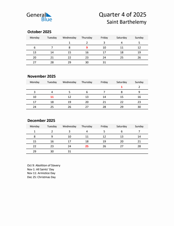 2025 Q4 Three-Month Calendar for Saint Barthelemy