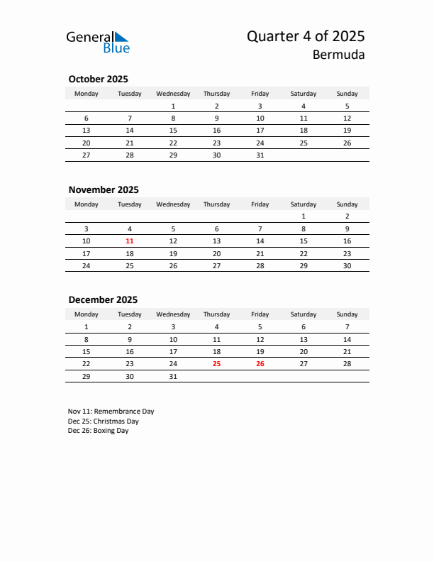 2025 Q4 Three-Month Calendar for Bermuda