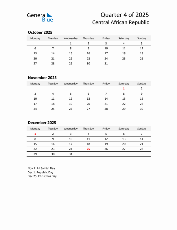 2025 Q4 Three-Month Calendar for Central African Republic