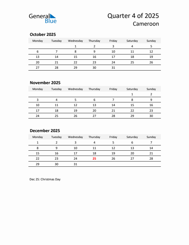 2025 Q4 Three-Month Calendar for Cameroon