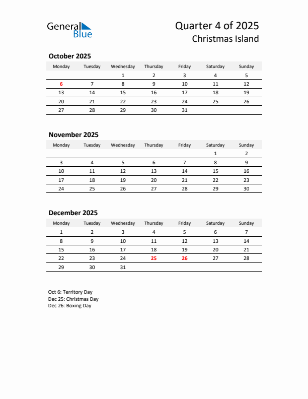 2025 Q4 Three-Month Calendar for Christmas Island