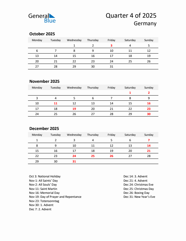 2025 Q4 Three-Month Calendar for Germany