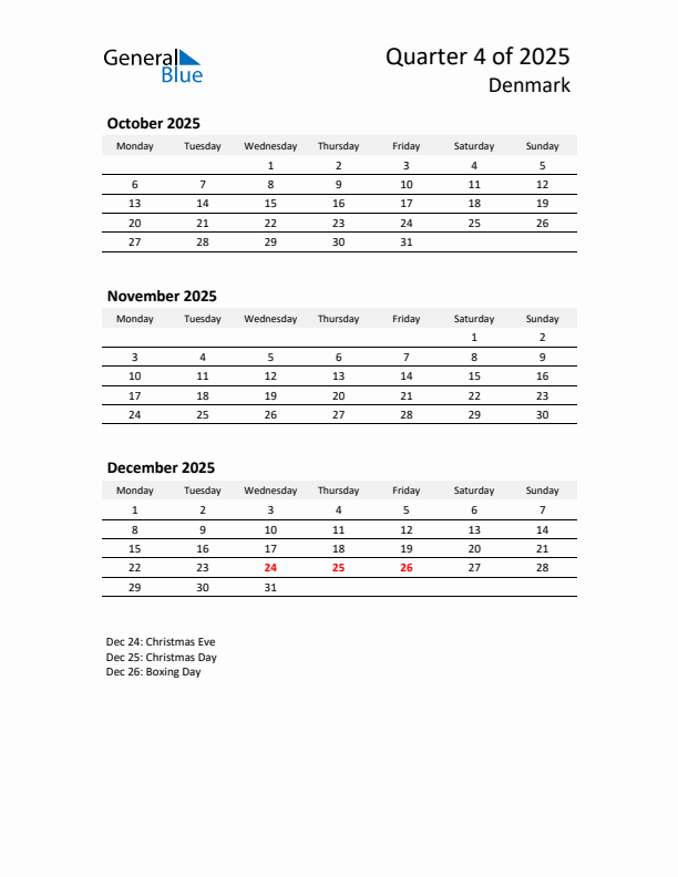 2025 Q4 Three-Month Calendar for Denmark