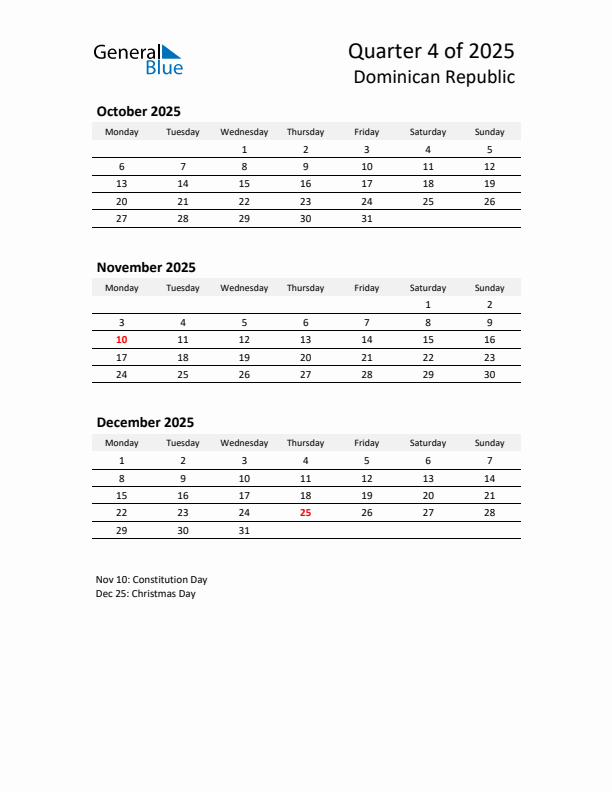 2025 Q4 Three-Month Calendar for Dominican Republic