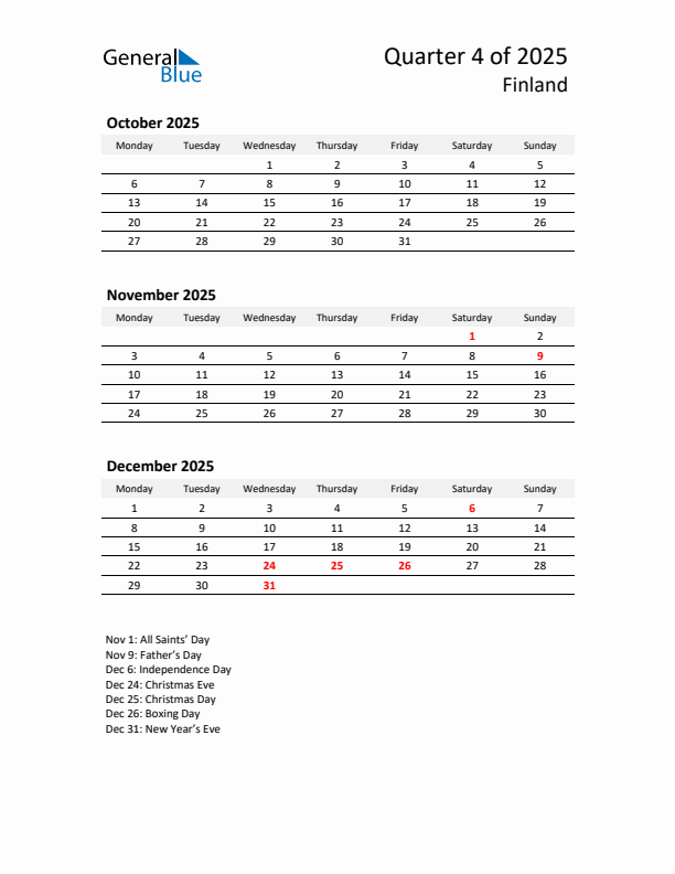 2025 Q4 Three-Month Calendar for Finland