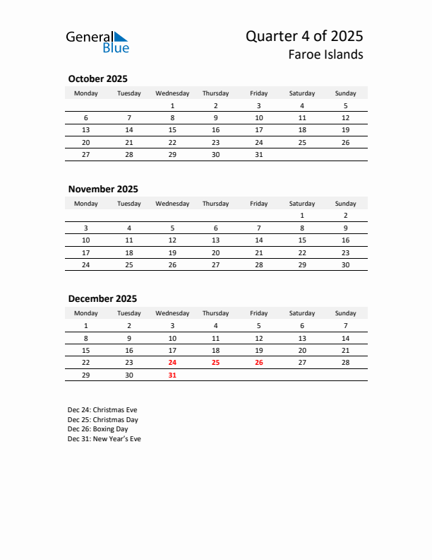 2025 Q4 Three-Month Calendar for Faroe Islands