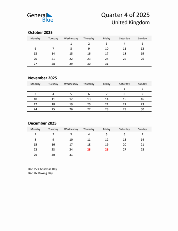 2025 Q4 Three-Month Calendar for United Kingdom