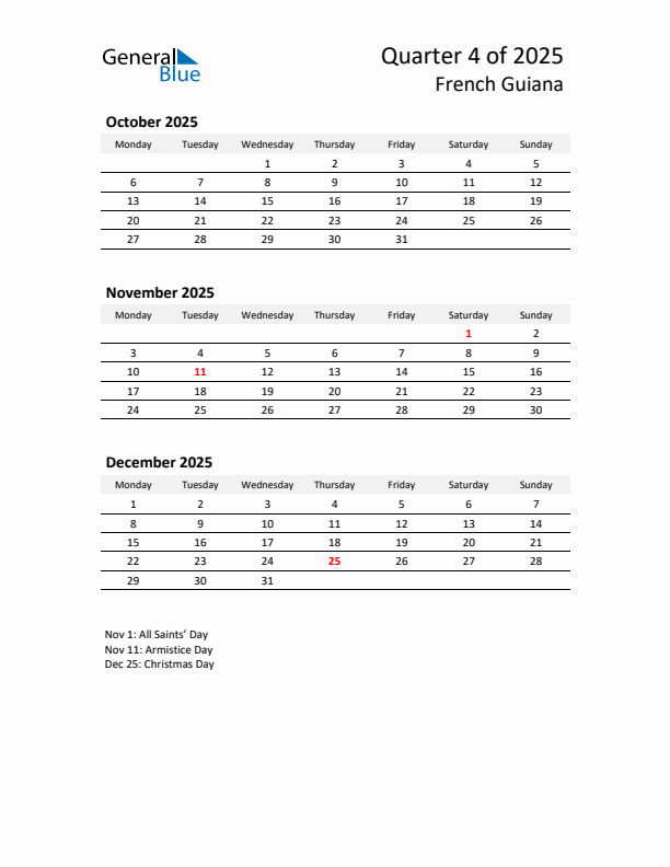 2025 Q4 Three-Month Calendar for French Guiana