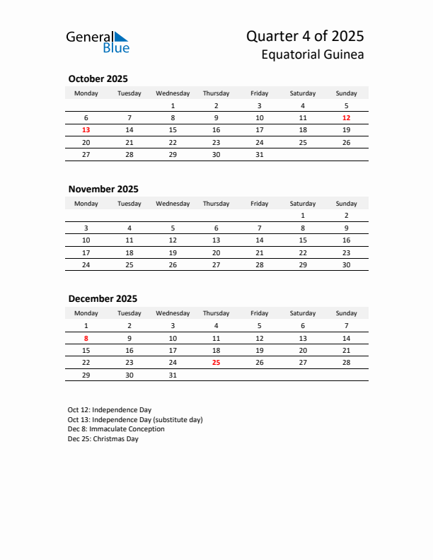 2025 Q4 Three-Month Calendar for Equatorial Guinea