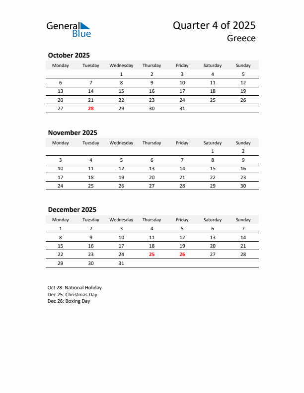 2025 Q4 Three-Month Calendar for Greece