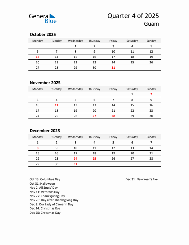 2025 Q4 Three-Month Calendar for Guam