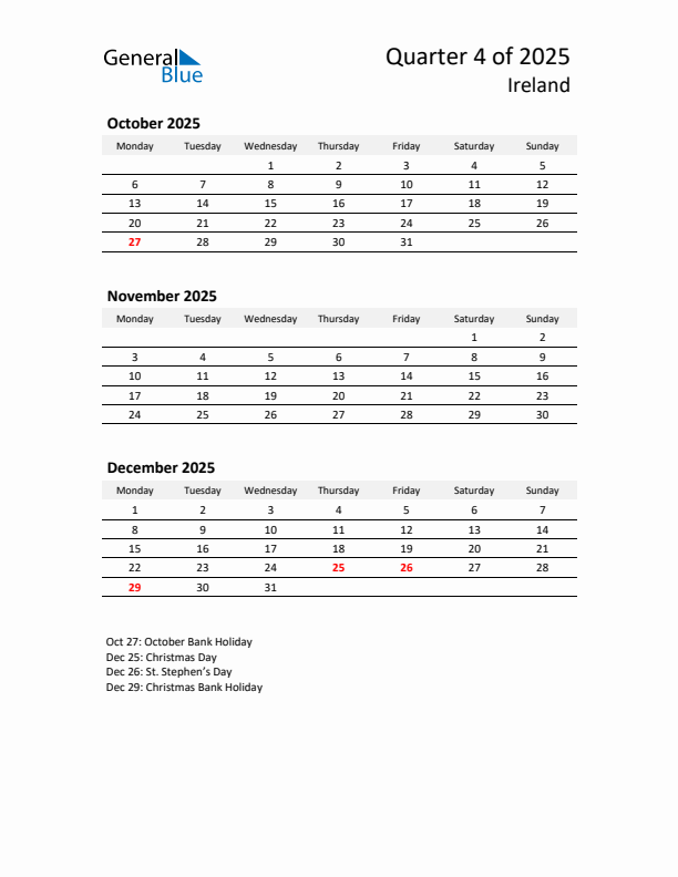 2025 Q4 Three-Month Calendar for Ireland