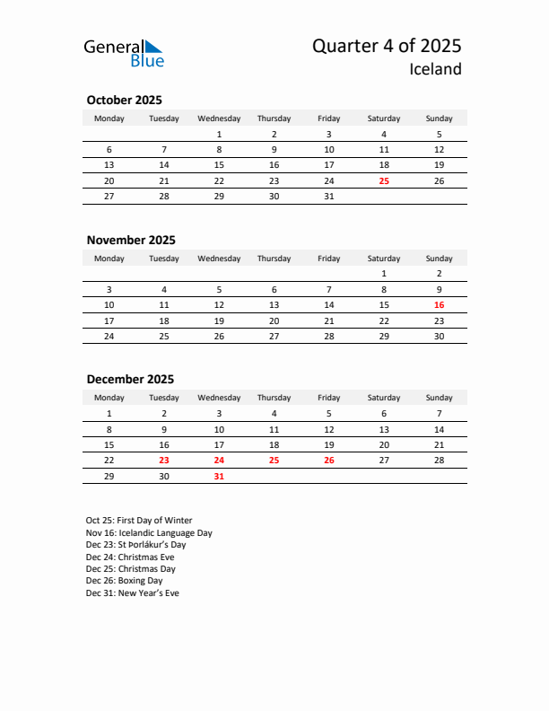 2025 Q4 Three-Month Calendar for Iceland