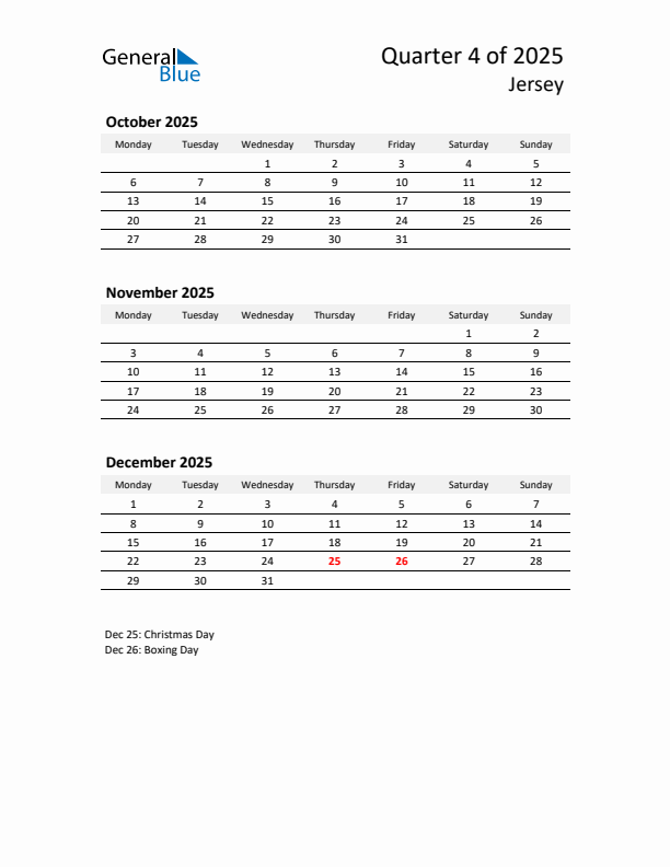 2025 Q4 Three-Month Calendar for Jersey