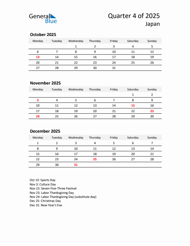 2025 Q4 Three-Month Calendar for Japan