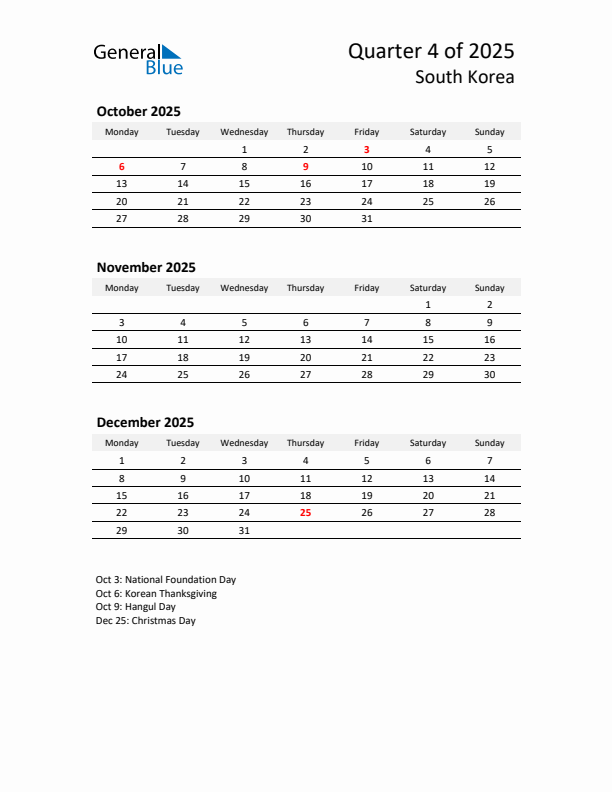 2025 Q4 Three-Month Calendar for South Korea