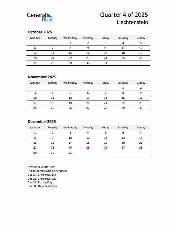 2025 Q4 Three-Month Calendar for Liechtenstein