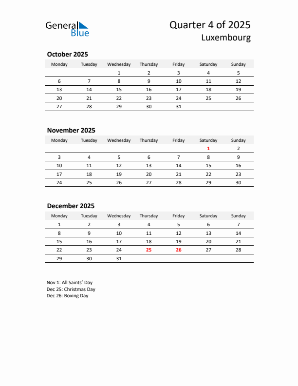 2025 Q4 Three-Month Calendar for Luxembourg