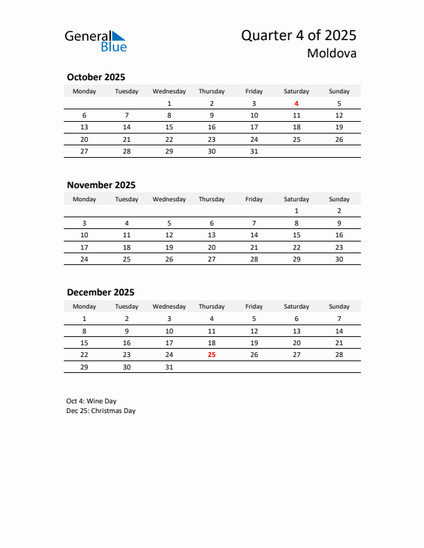 2025 Q4 Three-Month Calendar for Moldova