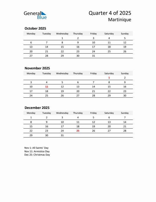 2025 Q4 Three-Month Calendar for Martinique