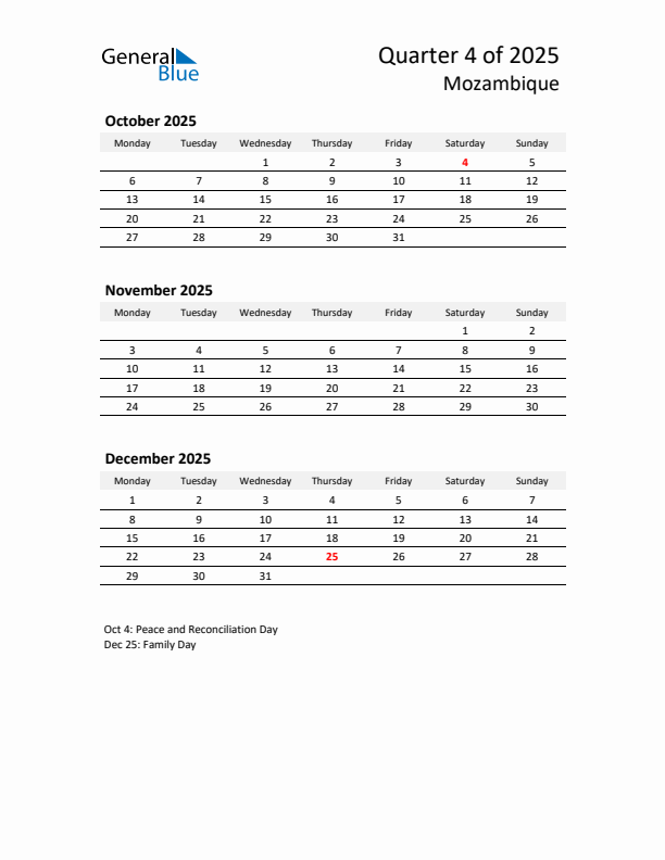 2025 Q4 Three-Month Calendar for Mozambique