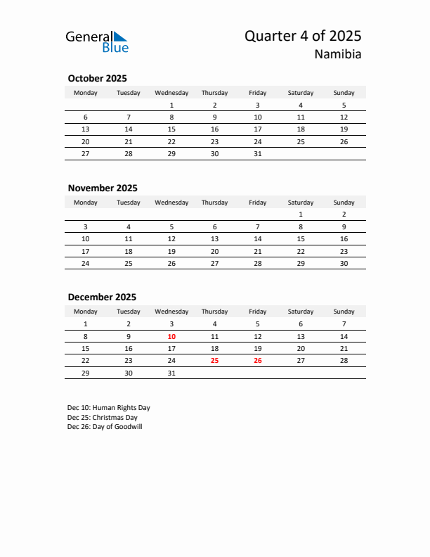 2025 Q4 Three-Month Calendar for Namibia