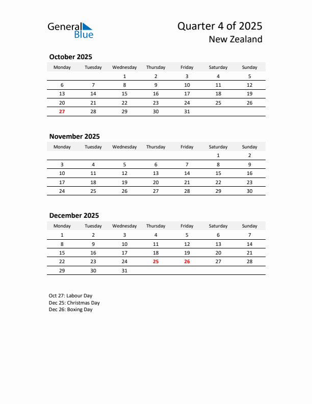 2025 Q4 Three-Month Calendar for New Zealand