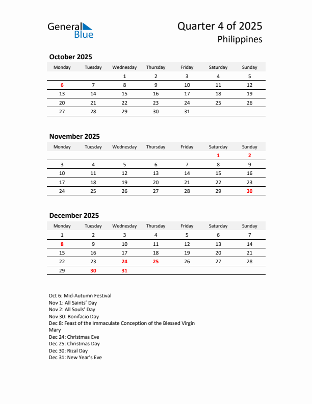 2025 Q4 Three-Month Calendar for Philippines