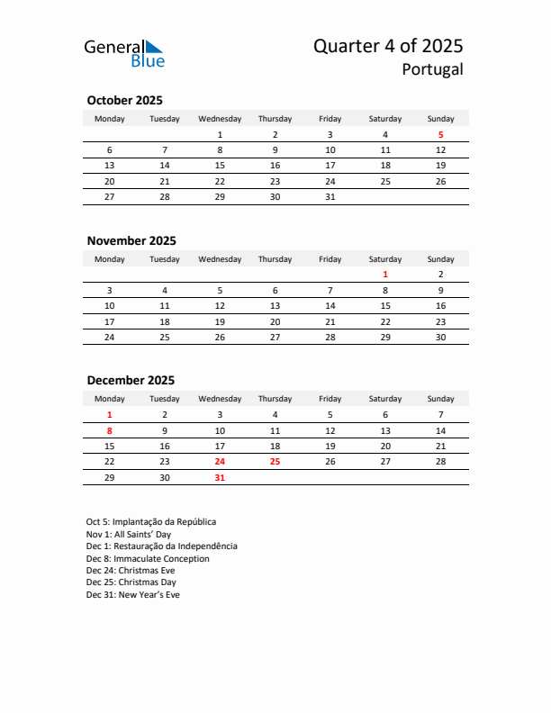 2025 Q4 Three-Month Calendar for Portugal