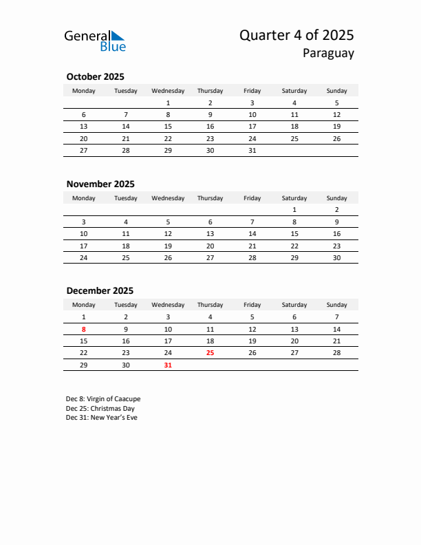 2025 Q4 Three-Month Calendar for Paraguay