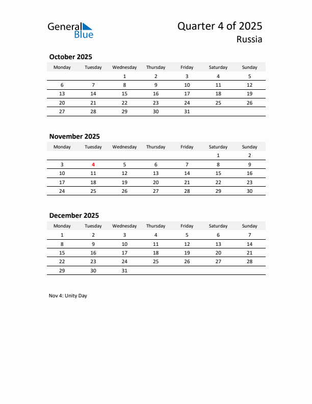 2025 Q4 Three-Month Calendar for Russia