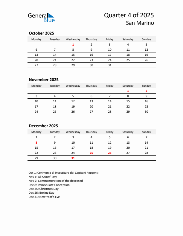 2025 Q4 Three-Month Calendar for San Marino